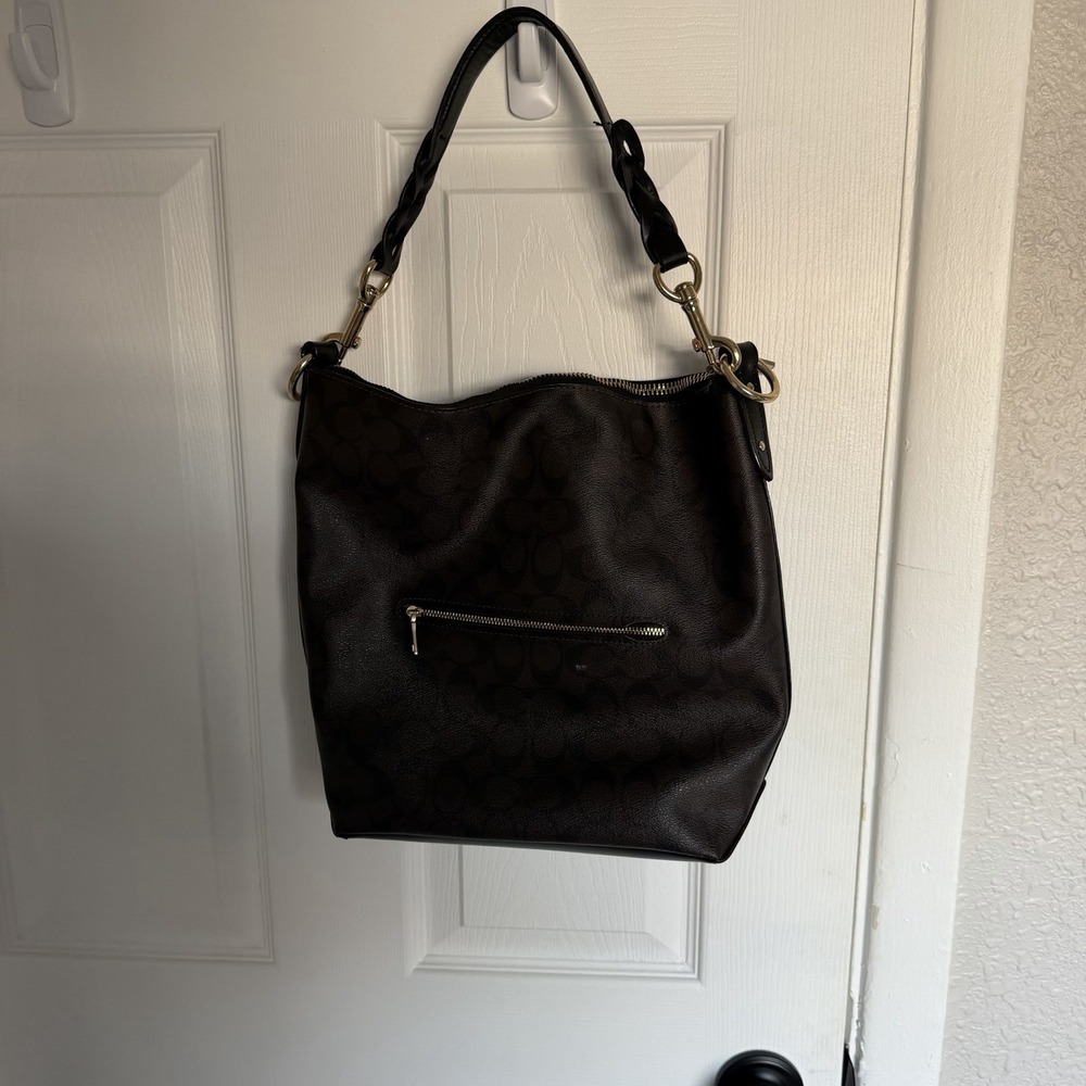 Coach Brown Logo Shoulder Bag Gold Hardware Outer Pockets Women's Designer - Picture 4 of 5